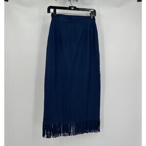 Margos Womens Silk Midi Skirt 7/8 Fringe Boho Festival Western Blue